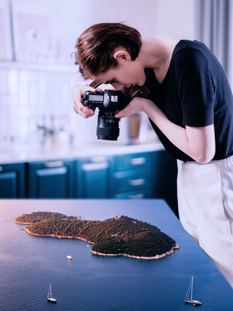 photographer, picture, camera, photo, taking photos, photo shoot, woman, to travel, island, sea, ships, boats, summer, nature, forest, beach, ocean, manipulation, composition, compositing, photoshop